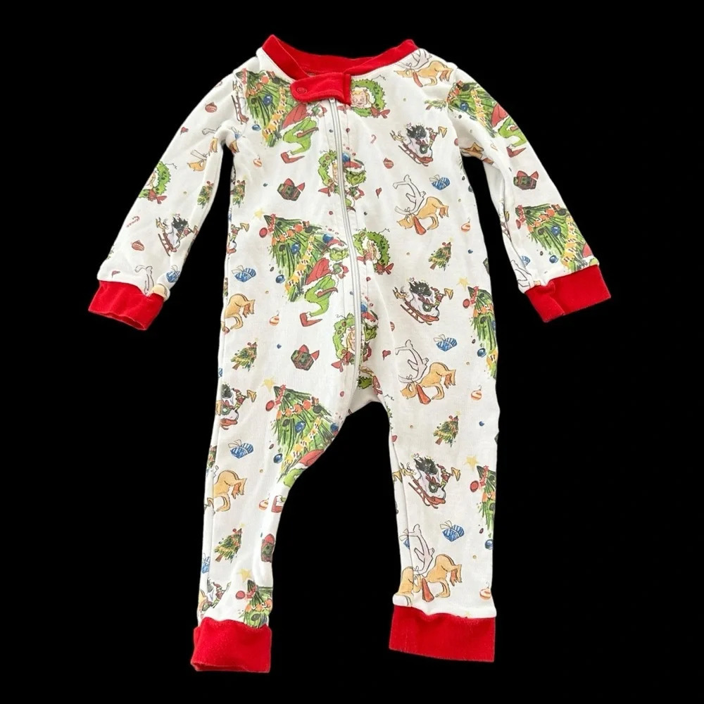 Smockingbird baby 3 months Grinch Christmas Zip Up Pajamas Pima‎ Cotton Holiday